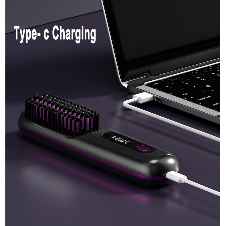 2 In 1 Wireless Hair Straightener Brush, Fast Heating Portable Hot Curler USB Charging