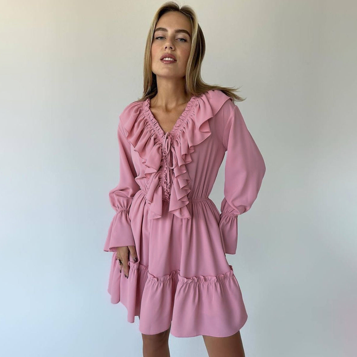 V Neck Pleated Ruffle Long Sleeve Dress