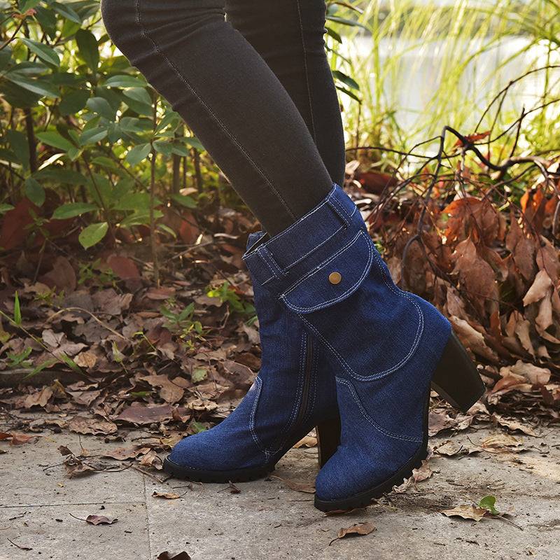 Plus Size High Heel Denim Mid Tube Boots