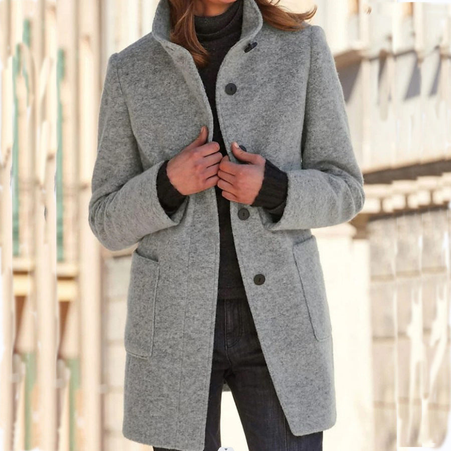 Collar Woolen Coat With Pockets