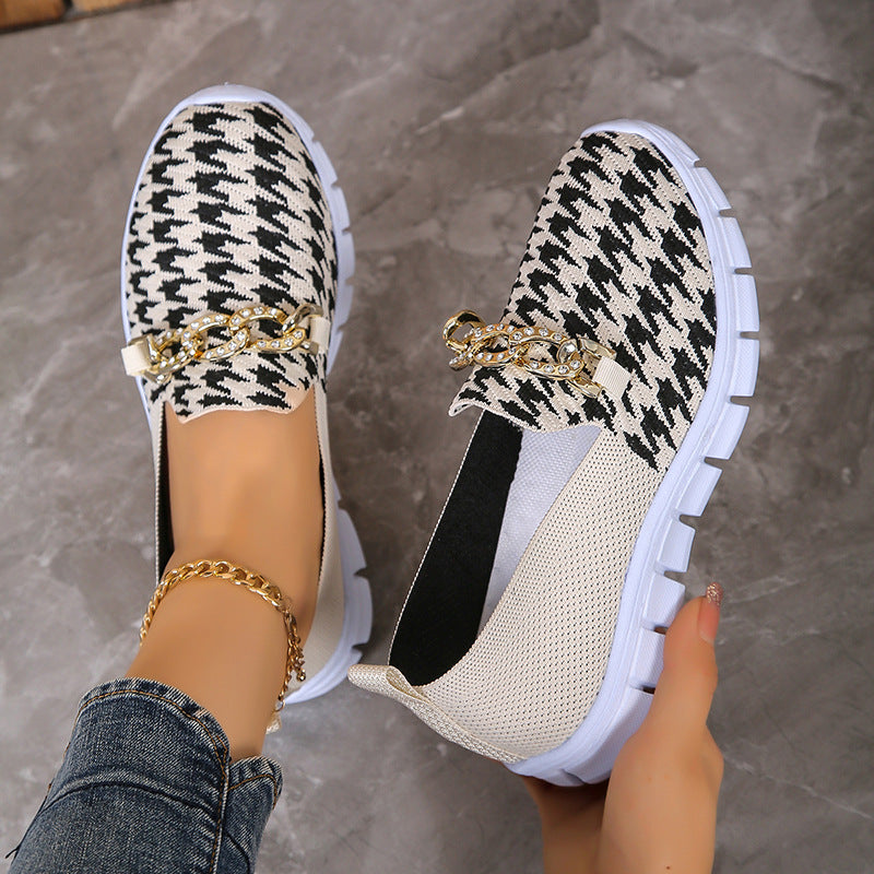 Casual Houndstooth Print Chain Mesh Shoes