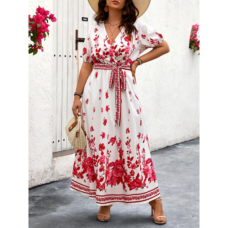 Retro V-neck Printing Dress