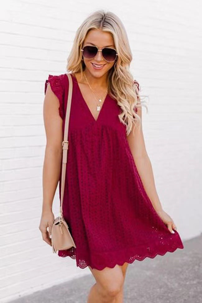 Sleeveless Lace V-Neck Dress With Pockets and Shorts.