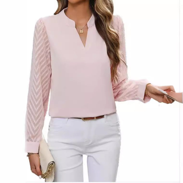 Chiffon Patchwork Long Sleeve Solid Color V-neck Top