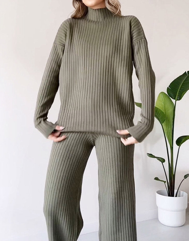 Turtleneck Knitted Suit Loose Split Design Long-sleeved Top And Straight Trousers Set