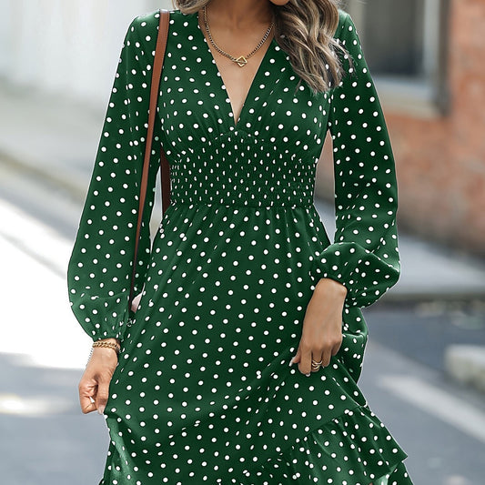 Waist Slimming Polka Dot Long Sleeve Dress