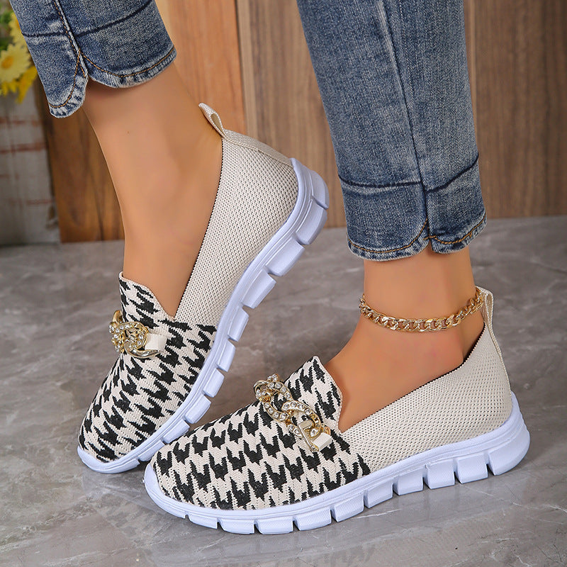 Casual Houndstooth Print Chain Mesh Shoes