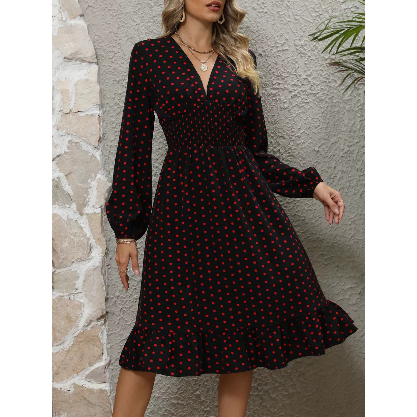 Waist Slimming Polka Dot Long Sleeve Dress