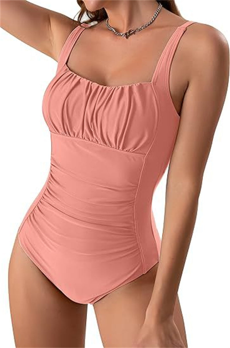 One-piece Solid Color Pleated Swimsuit