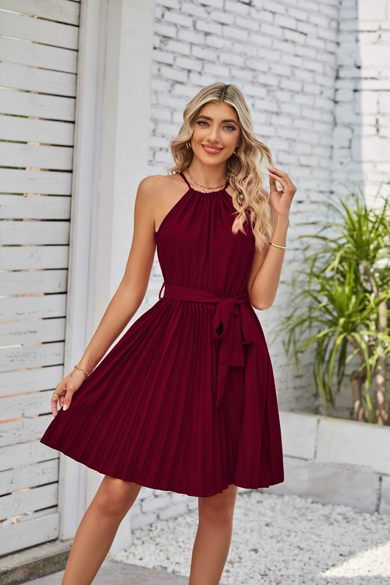 Solid Strapless Halter Pleated Sundress