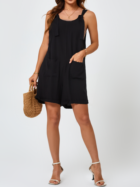 Overalls Sleeveless Rompers With Adjustable Strap Knot Front Patch Pockets