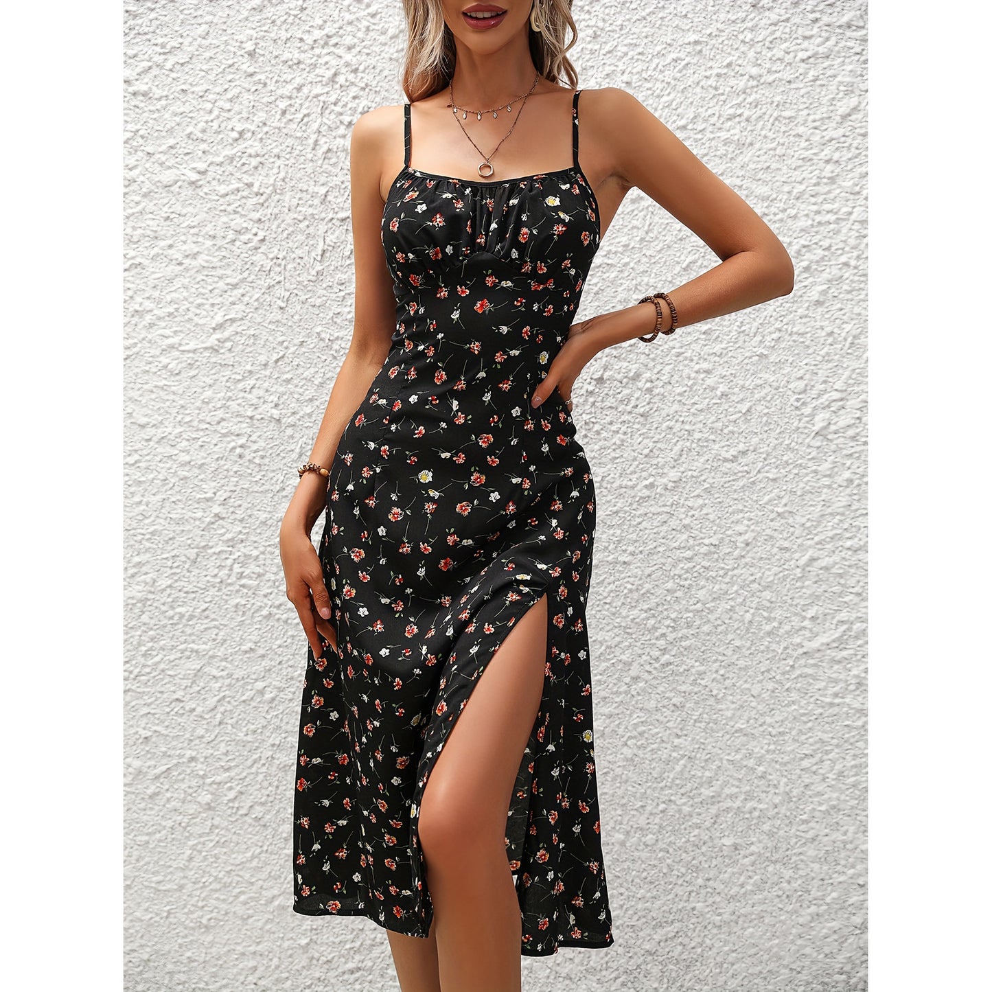 Polka Dot Print Slit Long Dress