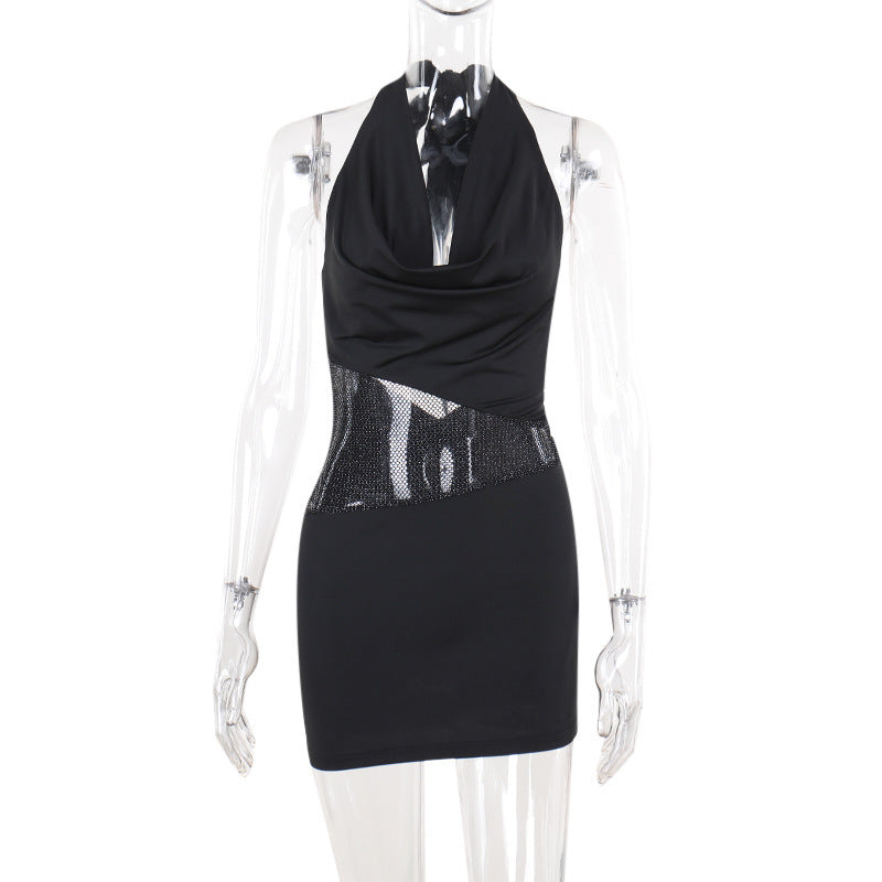 Deep U-neck Dress With Sequin Mesh Patchwork Design