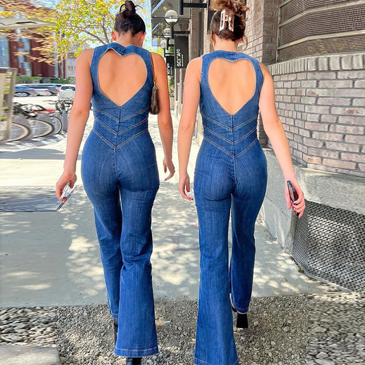 Heart-shape Backless Denim Jumpsuit, Retro Style Clothing