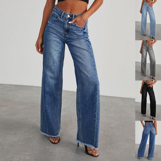 High Waist Jeans With Pockets ,Slim Fit Straight Wide-leg