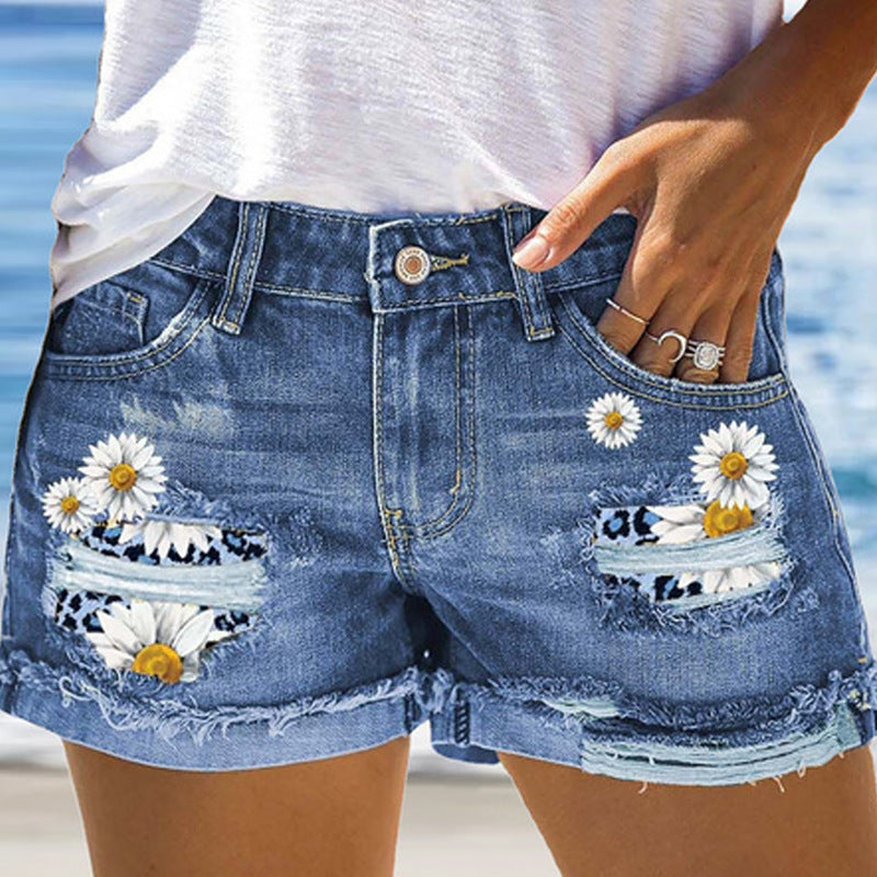 Printed Denim Street Hipster Shorts