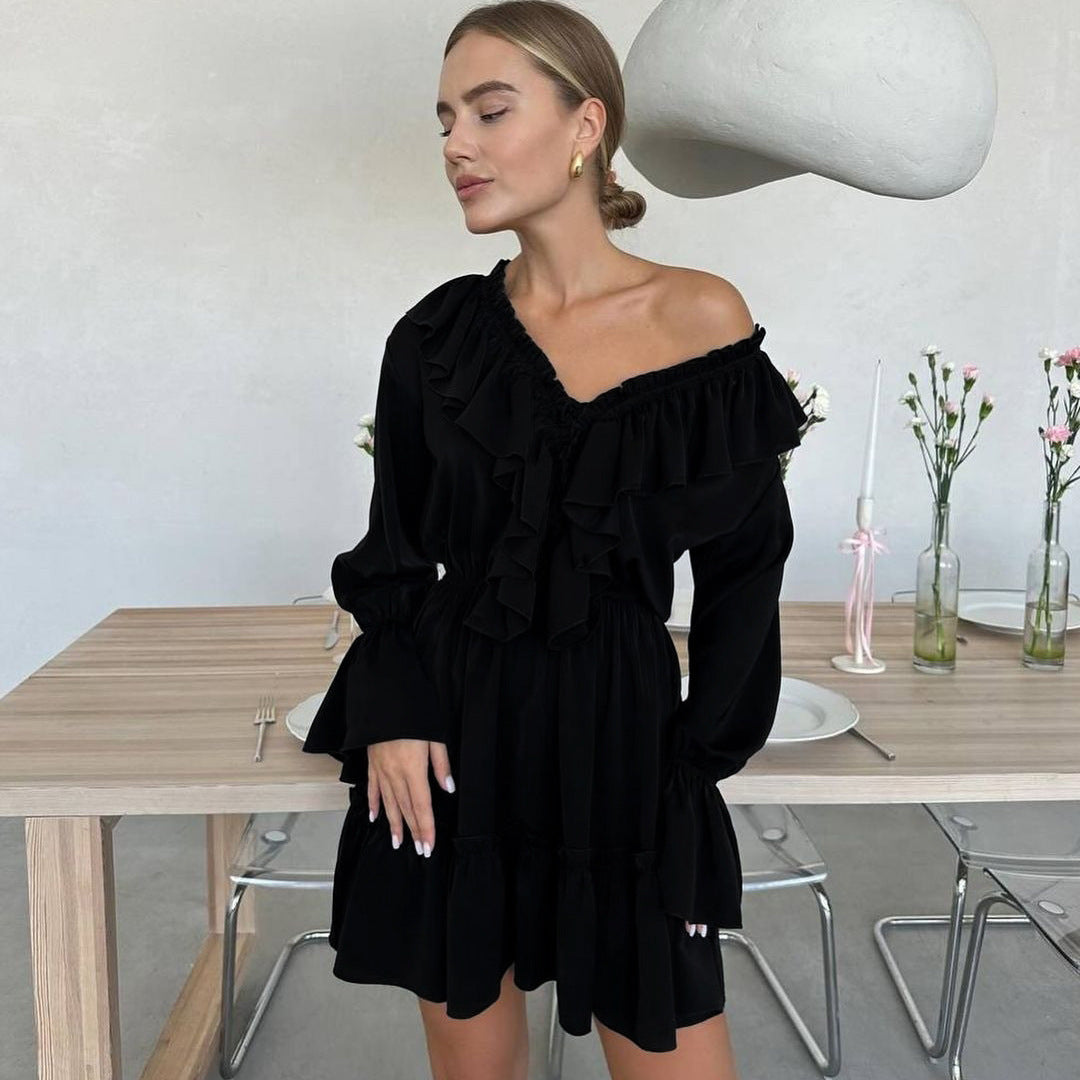 V Neck Pleated Ruffle Long Sleeve Dress