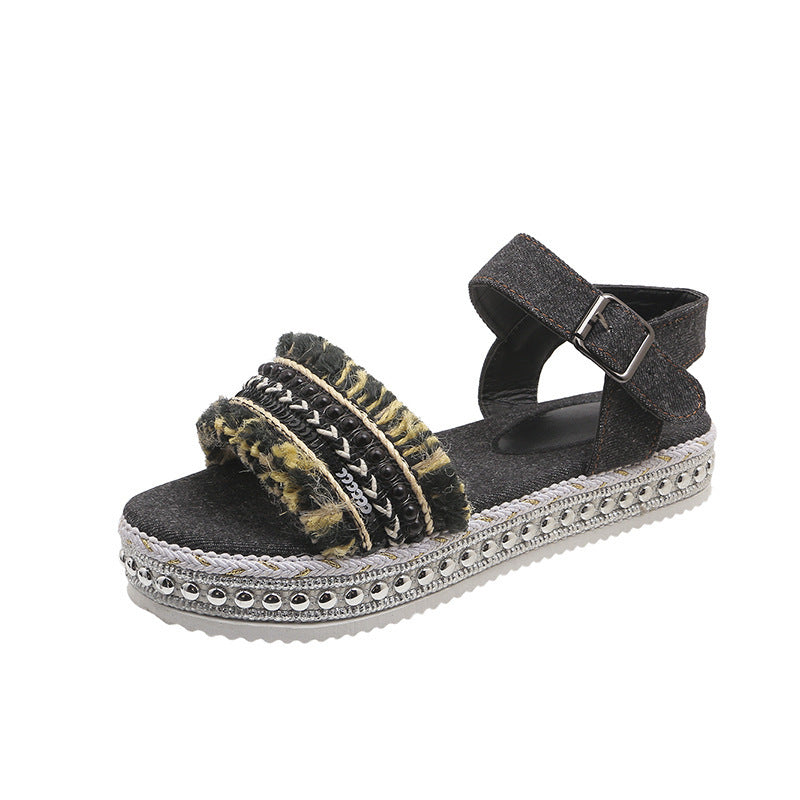 Tassel Denim Sandals With Thick-soled, Flat Heel, Hemp Rope Sole Ethnic Style Shoes