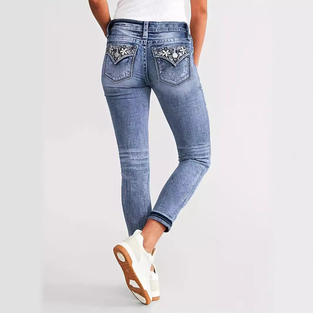 Slim Fit Stretch Slimming Versatile Embroidered Skinny Jeans