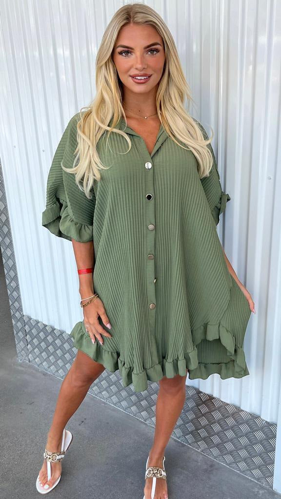 Solid Color Shirt Dress, Ruffle Irregular Sleeve