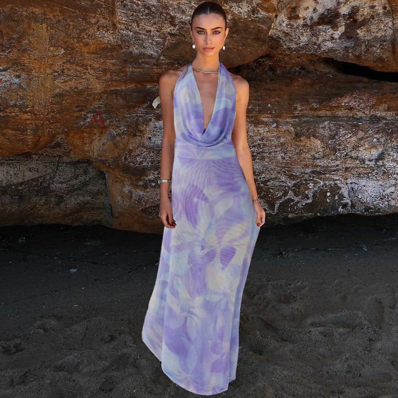 2pcs Tie Dye Printing Deep V-neck Suits Fashion Halter Backless Long Dresses