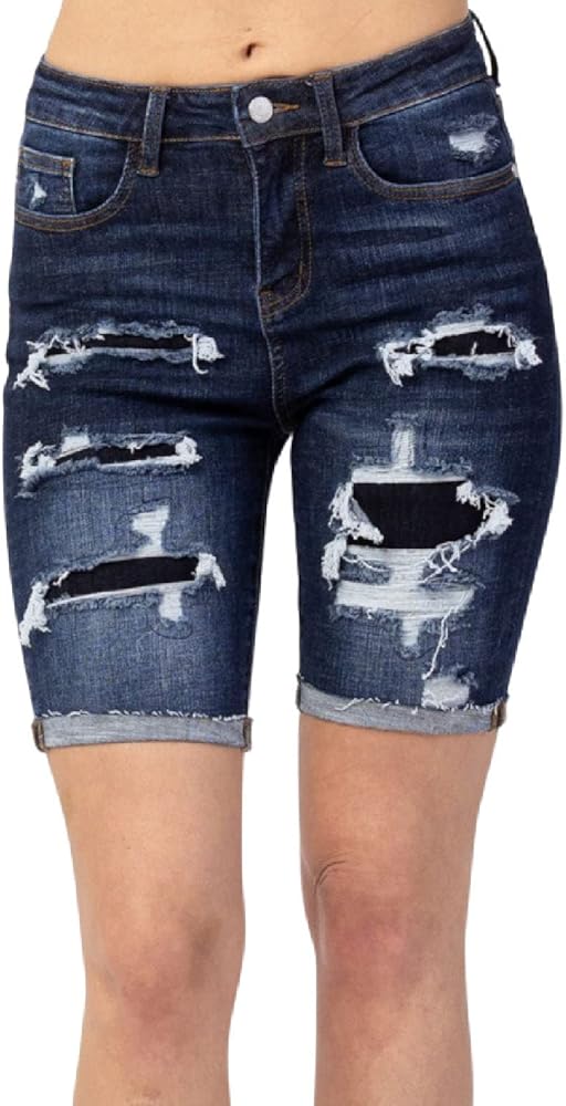 Judy Blue Patch High Rise Destroyed Bermuda Shorts