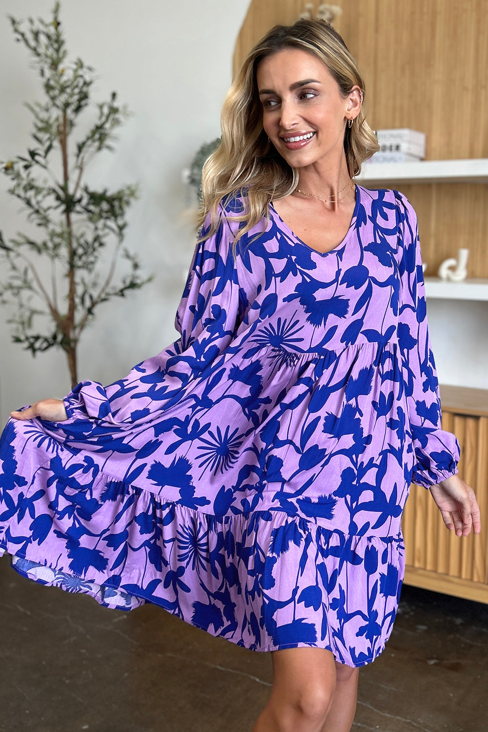 Double Take Full Size Printed Ruffle Hem Long Sleeve Dress