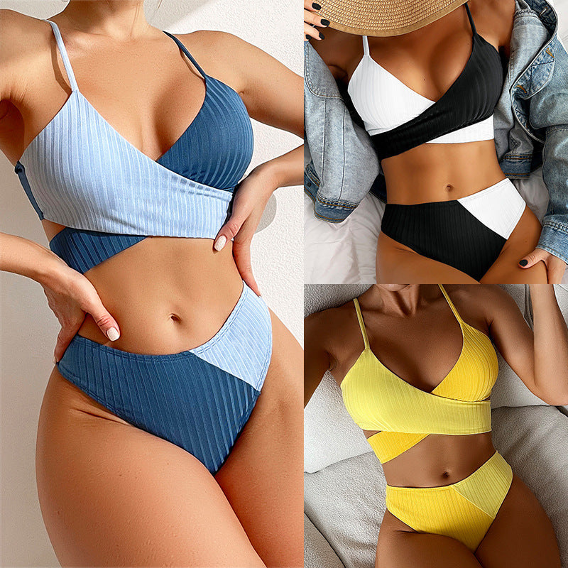 Patchwork Ribbed Swimsuit, Knot Back, Ruched Butt Biquinis Bathing Suits