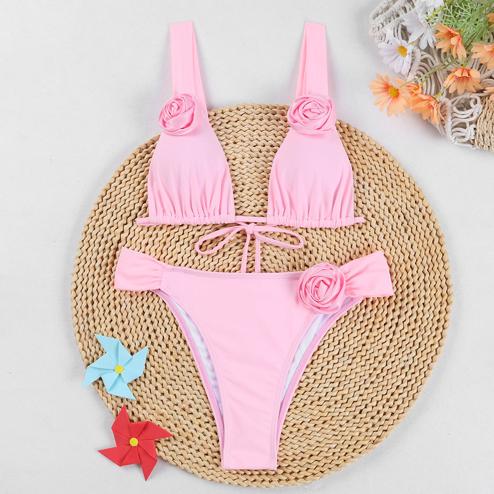 Three-dimensional (3D) Flowers Solid Color Bikini Set