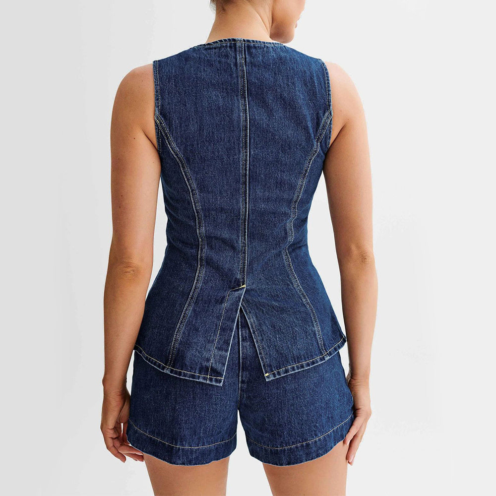 Denim Sleeveless Button Vest Top And High Waist Shorts Set