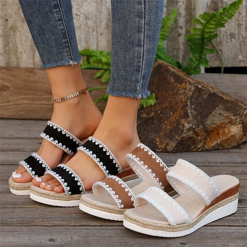 New Hemp Rope Woven Wedge Slippers, Ethnic Style and Double Wide Strap