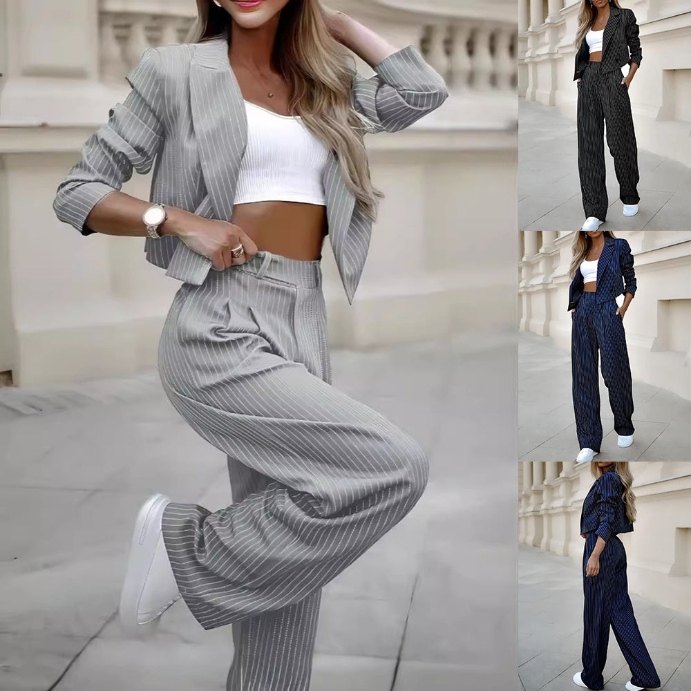 Striped Suits Casual Lapel Long Sleeve Cropped Top And Straight Pants Outfits