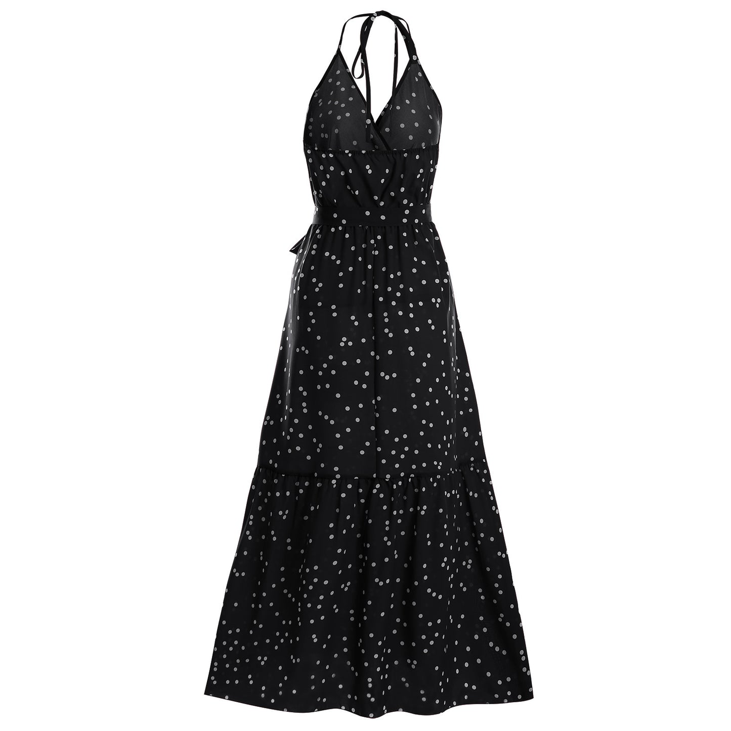 V-Neck Strap Polka Dot Long Dress