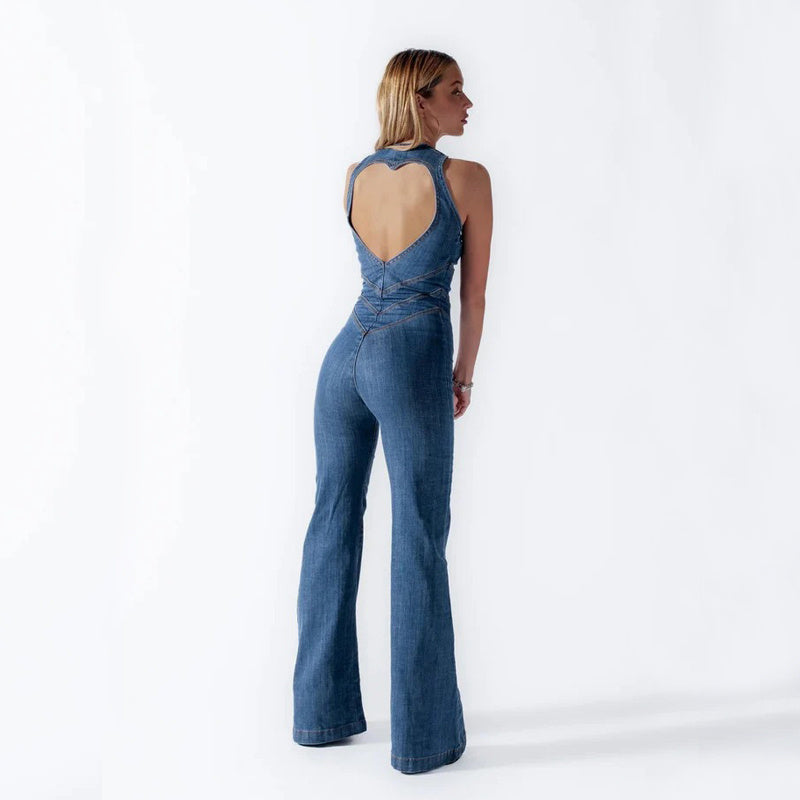 Heart-shape Backless Denim Jumpsuit, Retro Style Clothing