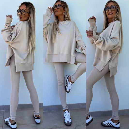 Long Sleeve Crew Neck Split Top Tight Trousers Sweater Suit