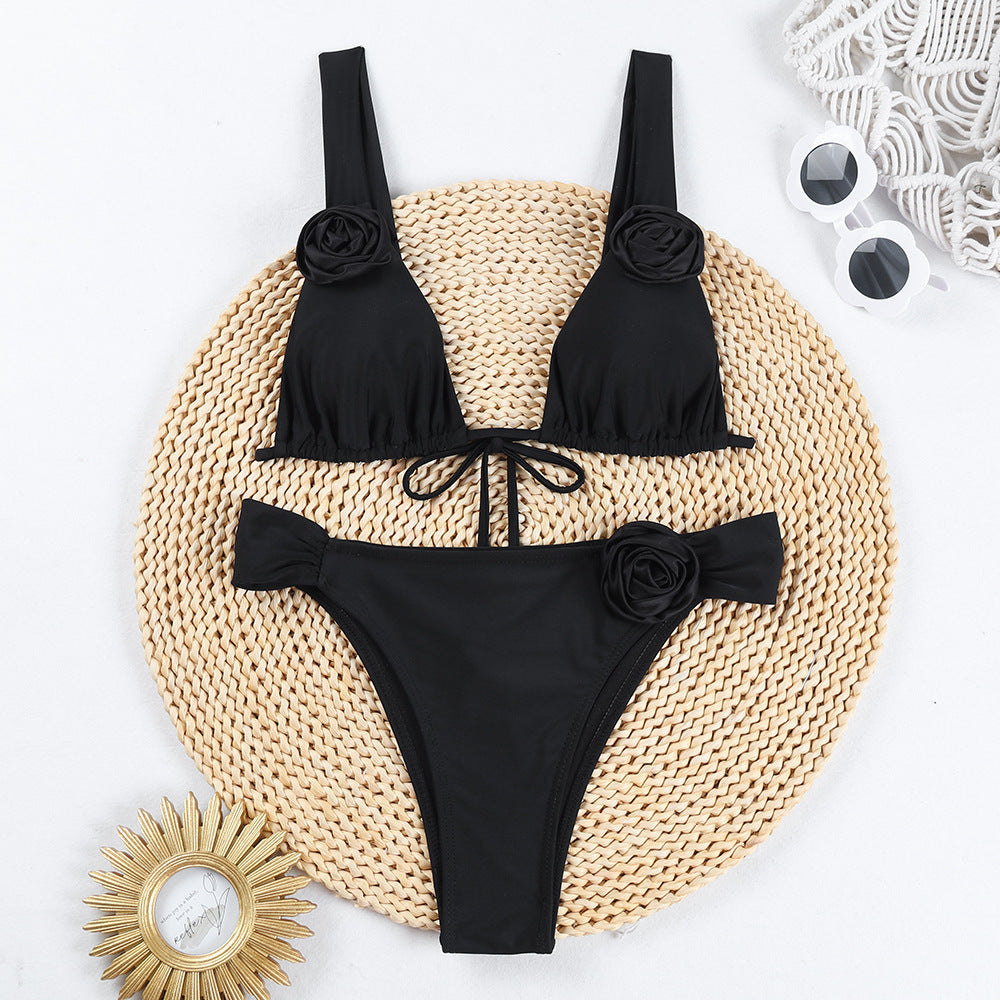 Three-dimensional (3D) Flowers Solid Color Bikini Set