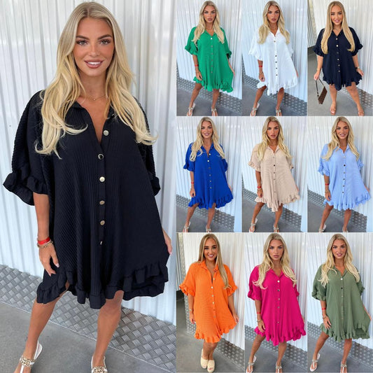 Solid Color Shirt Dress, Ruffle Irregular Sleeve