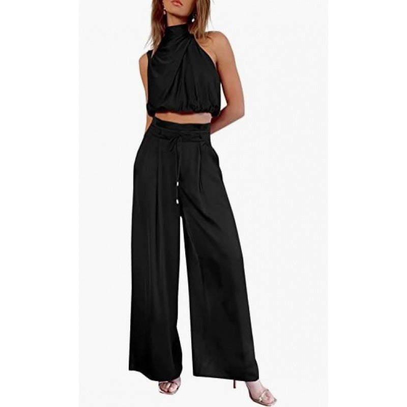 Sleeveless Midriff-baring Top And Wide Leg Pants Set