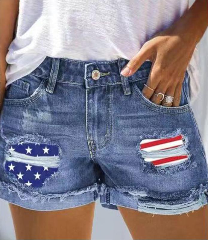 Flag Printed Patch Denim Shorts