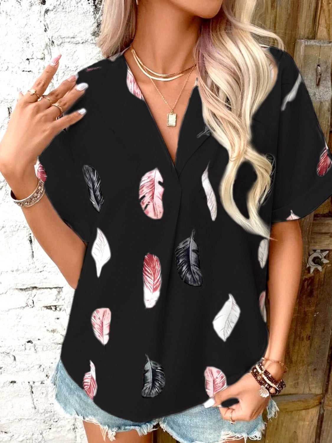 Full Size Printed Collared Neck Short Sleeve Blouse