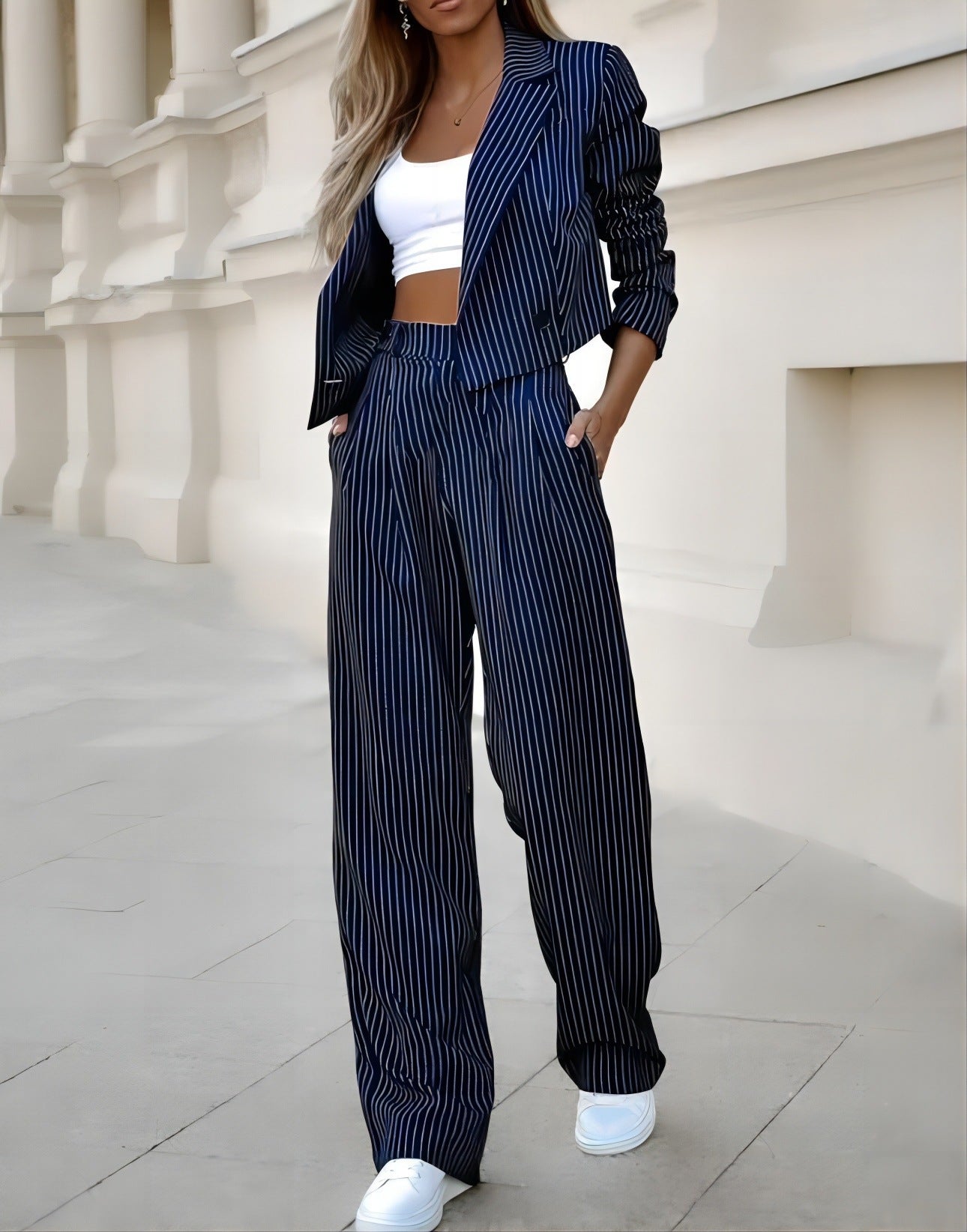 Striped Suits Casual Lapel Long Sleeve Cropped Top And Straight Pants Outfits