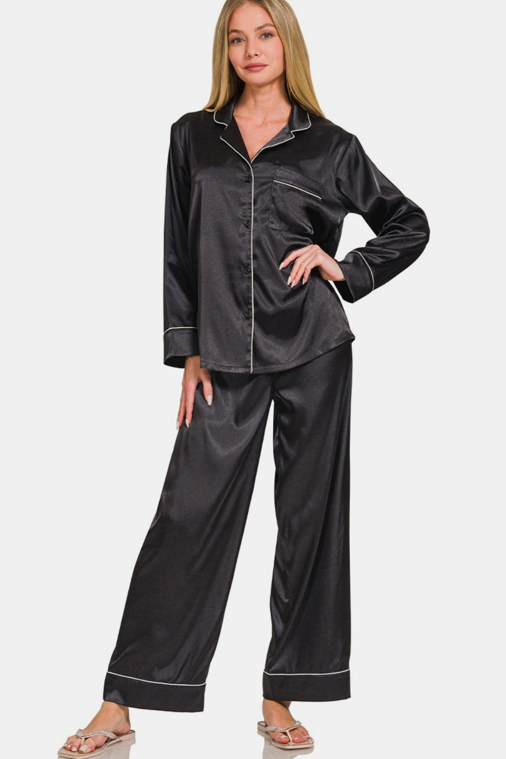 Zenana Satin Long Sleeve Shirt and Pants Pajama Set