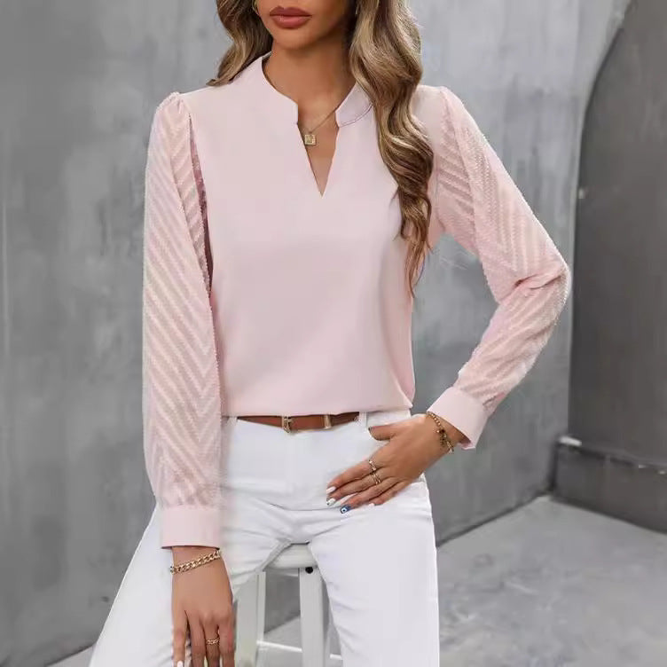 Chiffon Patchwork Long Sleeve Solid Color V-neck Top