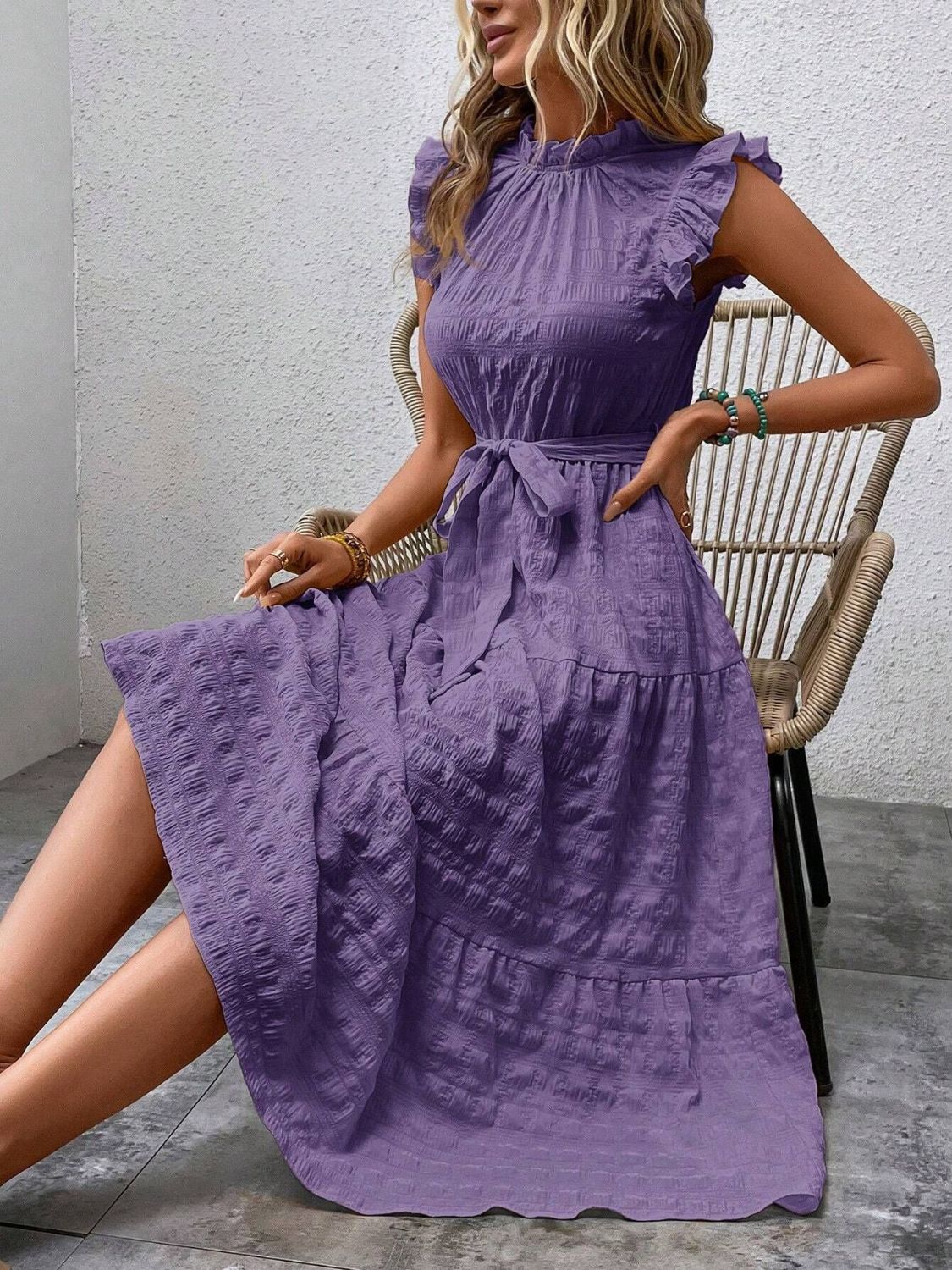 Tied Ruffled Cap Sleeve Midi Dress