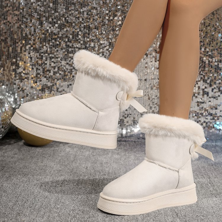 Winter Snow Boots With Bowknot Fashion Round Toe Flat Thickened Suede Cotton Shoes