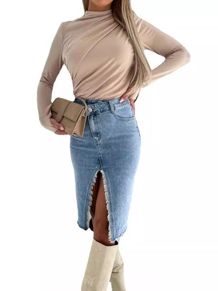 Women's Vintage Denim Skirt High Waist Open Split Tassle Jean Skirt