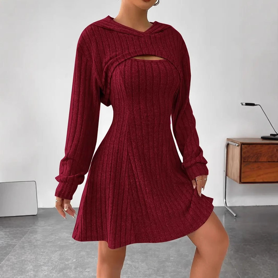 Hooded Shawl Long-sleeved Vest Short Dress Two-piece Set