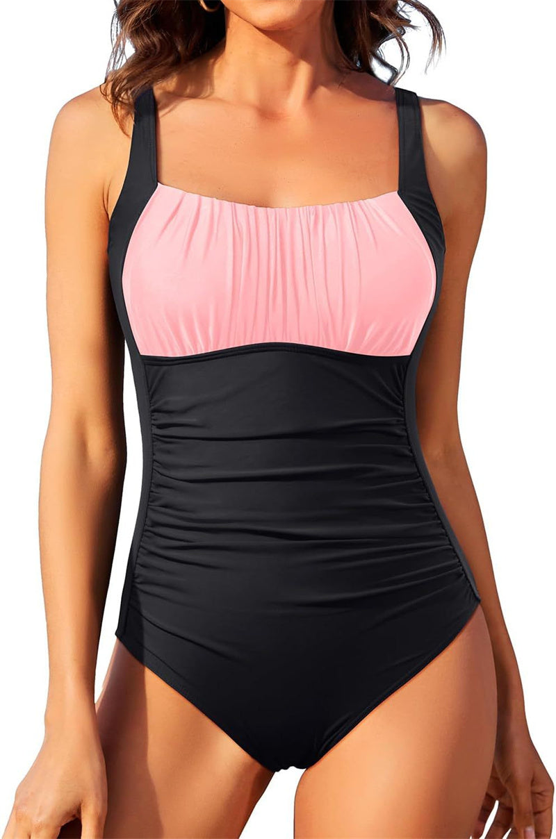 One-piece Solid Color Pleated Swimsuit