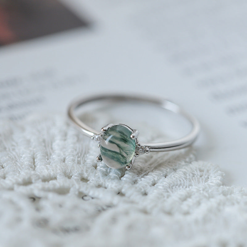 S925 Silver Green Moss Ring Water Plants Agate Female Finger Ring