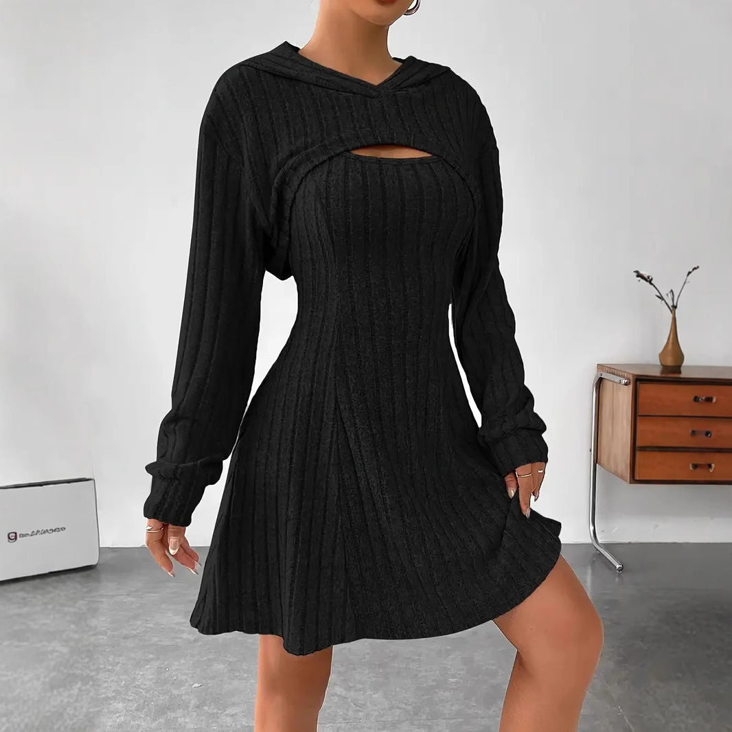 Hooded Shawl Long-sleeved Vest Short Dress Two-piece Set